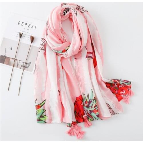 Yishine Spring Summer Pink Pineapple Prints with Tassel Fashion Scarf Shawls for Women Girl Wraps Scarves Beach Lady Shawl