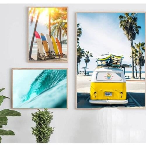 Yellow Travel Car Canvas Print Beach Palm Tree Surfboard Poster Ocean Surf Wall Art Painting Nordic Wall Pictures Home Decor