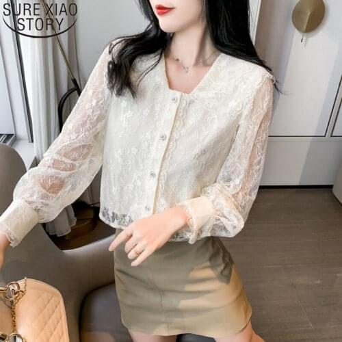 2021 New Spring Mesh Hollow Out Blouses Embroidered Lace Blouse French Style Sweet Shirt Women Fashion V-neck Collar Tops 13212
