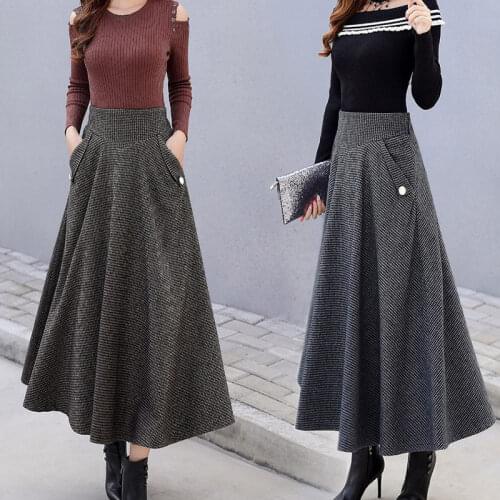 Woolen Skirt Womens New Autumn and Winter Korean High Waist Slim Long Swing Skirt A-line Umbrella Skirt Long Jupe Femme F2619