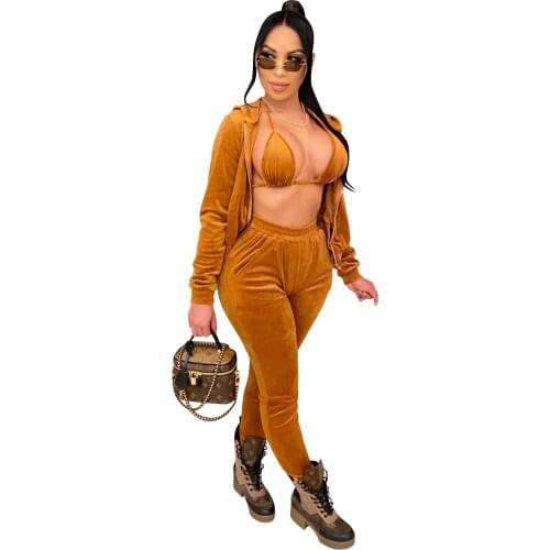 Cutubly Long Sleeve WomenS Set Gold Velvet Sexy 3 Two Piece Set Bar Top Cloak Leggings Pants Set Suit Outfit Fashion Tracksuit