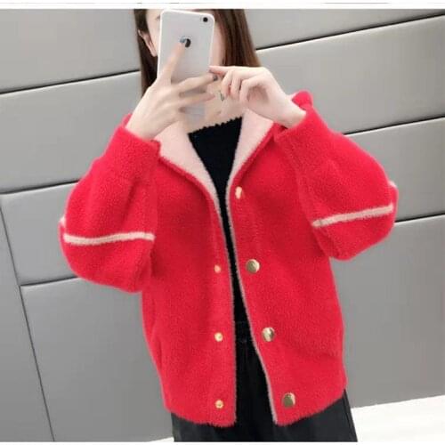 Women 2020 Autumn Winter New Imitation Mink Cashmere Cardigan Short Coat Female Long Sleeve Hooded Casual Knitted Sweaters G537