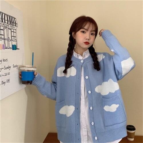 Blue sky and white cloud printed knitted cardigan women streetwear loose casual autumn winter o neck long sleeve female sweaters
