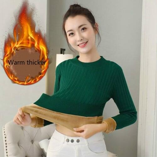 2018 Winter plus Thick Velvet knit sweater Bottoming shirt Velvet lining warm Pullover Sweater female Fashion Thick wool sweater