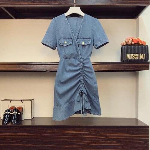 M-4XL plus size women sexy vintage denim Summer dresses 2021 short sleeve v neck button solid slim mini dress casual vestido