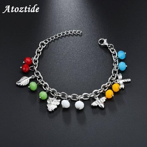 Atoztide Fashion Double Layers Owl Chain Bracelet Women Silver Color Leaf Bracelet Adjustable Colorful Beaded Bracelets Gift