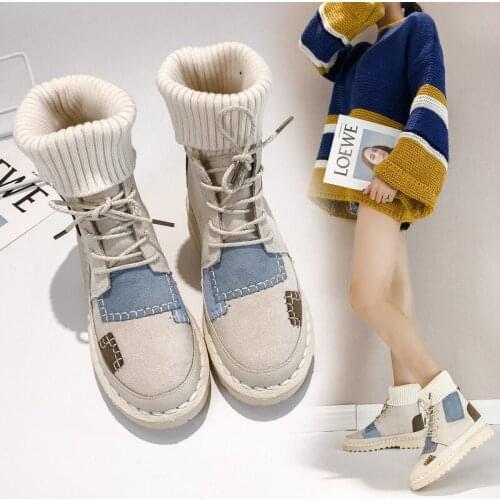 Martin boots fashion knitted cuffed beggar mid-tube boots set feet sweet student boots autumn and winter high-top casual hot new