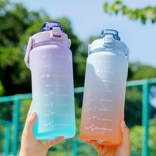 2L Outdoor Large Capacity Water Bottle With Bounce Cover Porable Plastic Sport Fitness Time Scale Reminder Frosted Leakproof Cup
