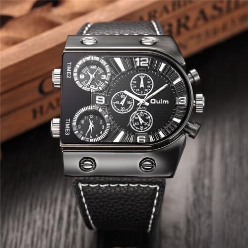 Watches Men Oulm Quartz Casual Leather Strap Wristwatch Sports Multi-Time Zone Army Military Male Watch Clock erkek saat