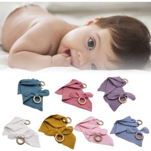 1Set Baby Cotton Bibs Beech Wooden Ring Pacifier Rabbit Ear Teether Saliva Towel