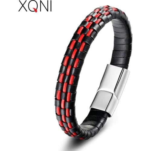 XQNI Mesh Shape Easy Hook Hip-Pop/Rock Style For Men Bracelet 3 Colors With Genuine Leather Bracelet&Bangle Christmas Present