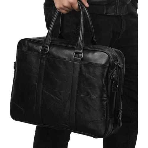 2021 Vintage Black Coffee Genuine Leather Men Briefcase Messenger Bags Portfolio 15.6'' Laptop Business Mens Office Bag