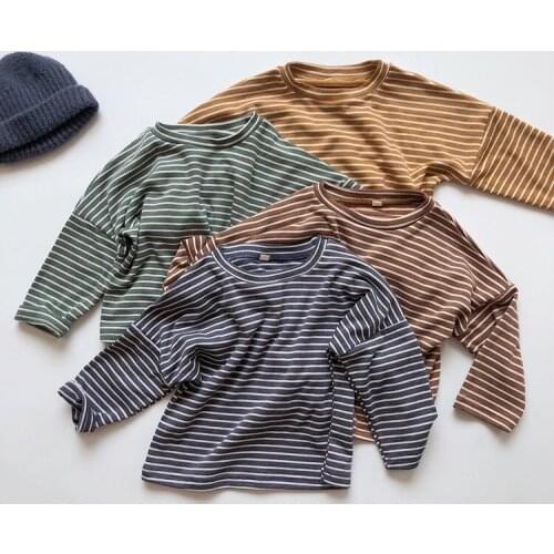 5174 Autumn Kids Bottoming Shirt Elastic Tops 1-7 Years Boys Girls Striped Tees Long Sleeve Cotton Pullover Children Clothes