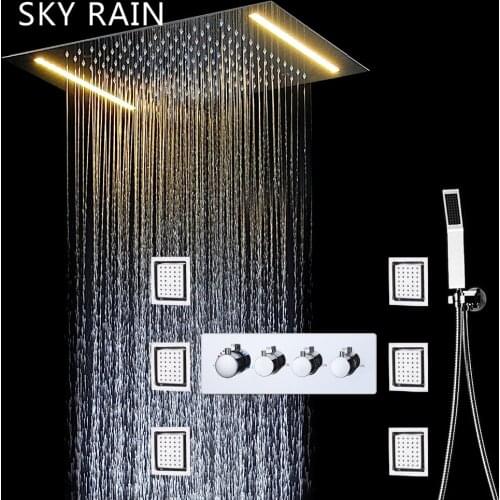 SKY RAIN Hot And Cold Valve Rainfall Shower Set Ceiling Overhead Multi Color LED Shower With Body Jets