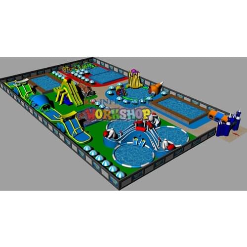Outdoor Water Park Projects Equipment, Frame Pool Water Park With Inflatable Water Slide On The Land
