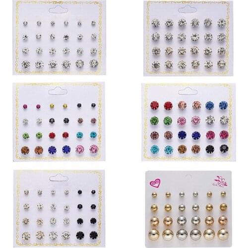 Transparent Mixed Color Round Zircon Card Earrings Crystal Stud Colorful Shiny Female Fashion Gift Earrings Jewelry 12 Pairs