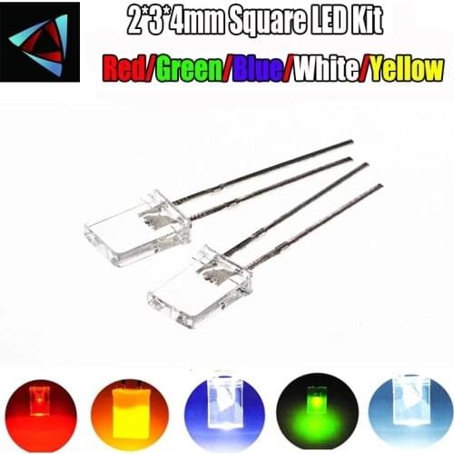1000PCS/LOT 2*3*4mm Square LED Kit Transparent Light-emitting diode Kit 2X3X4 LED Diode Red Yellow Green Blue White 5 Colors