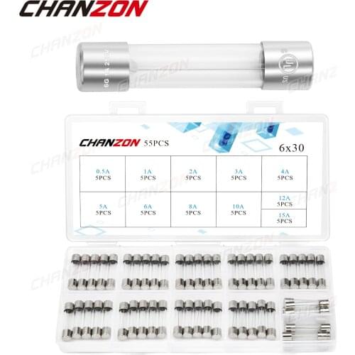 55pcs 6x30 Fast Blow Glass Tube Cylinder Fuses Set 6*30 0.5A 1A 2A 3A 4A 5A 6A 8A 10A 12A 15A 250V 125V 12V for Oven Microwave