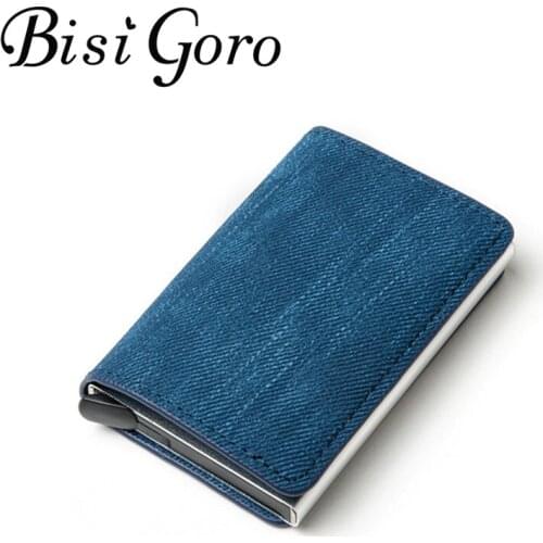 BISI GORO Men Women Clutch Single Box Fashion Wallet 2020 New RFID Anti-theft Id Card Holder Denim Business Pop-up Metal ID Case
