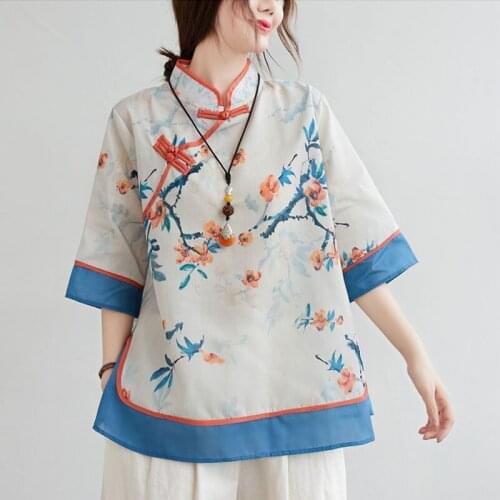 Women Cotton Linen Casual Blouses Shirts New 2021 Summer Chinese Style Vintage Stand Collar Floral Print Loose Female Tops S3155