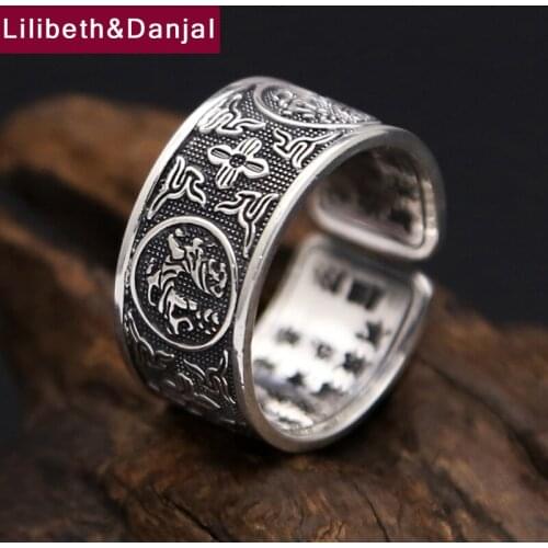 Brand Buddha Men Ring 999 Sterling Silver Ethnic Four gods Buddhist Heart Sutra Adjustable Ring Women Gift Fine jewelry R52