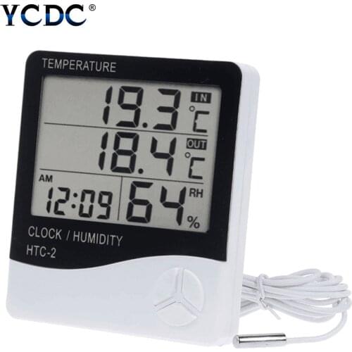 1pcs LCD Digital Temperature Humidity Meter Home Indoor Outdoor hygrometer thermometer Weather Station with Clock HTC-2
