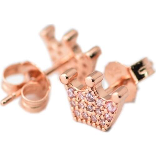 CKK 925 Sterling Silver Rose Gold Enchanted Crowns Stud Earrings Pink Crystals Beads Original Jewelry Making