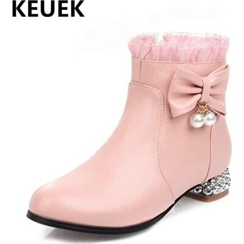 New Autumn/Winter Children Fashion Leather Boots Girls Shallow Short Plush Warm Princess Ankle Boots Kids Student Shoes 018