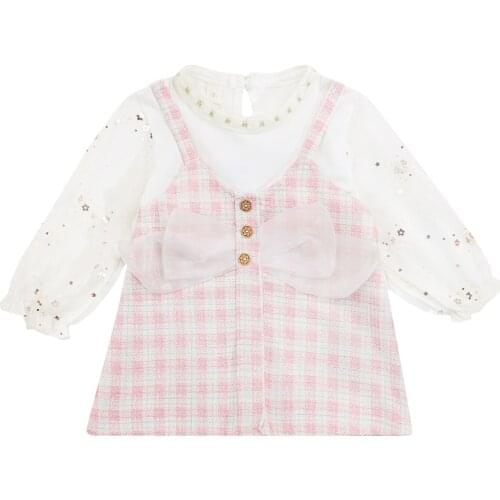 Kids Casual Dress Girls Plaid Round Neck Long Sleeve Stitching For Summer Fall Pink Purple Green Soft And Comfortable Daily Wear