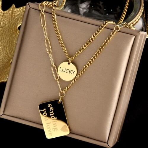 Colorfast 316L stainless steel two-layer necklace "sending you love" square pendant fashionable and simple female gift jewelry