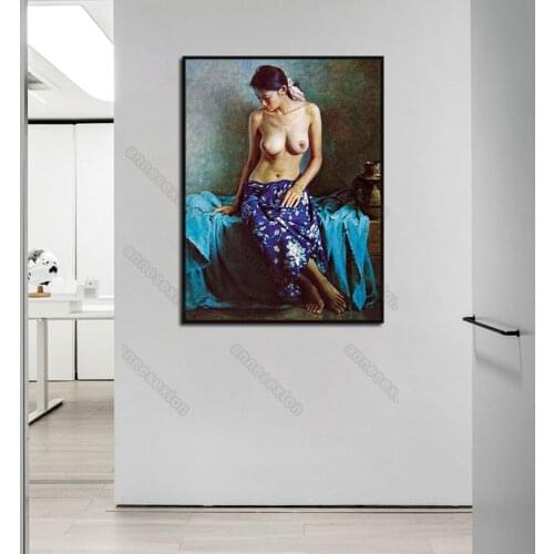 Canvas Painting Poster and Print Modern Body Oil Painting Semi-Nude Woman Sitting In The Bed for Bedroom Gallery Wall Decoration