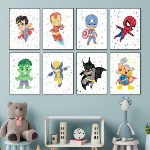 Cartoon Watercolor Superheroes Canvas Painting Spiderman Iron Man Posters and Prints Picture for Nursery Bedroom Wall Art Decor