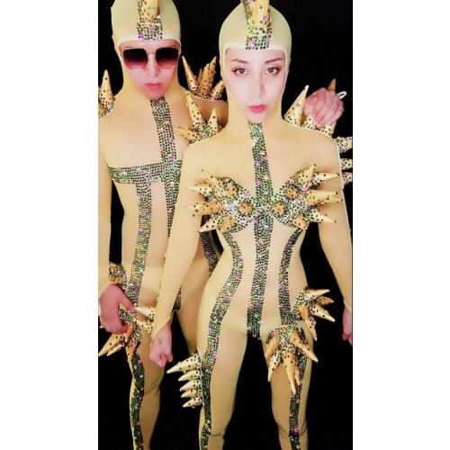 Nightclub starfish bodysuit men women stage show dance wear Rhinestones Stretch Jumpsuit sexy Cosplay party costume