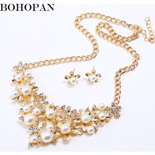 Elegant Women Wedding Jewelry Sets For Brides Simulated Pearl Jewelry Flower Crystal Gold Silver Necklaces Earrings Bijoux Set