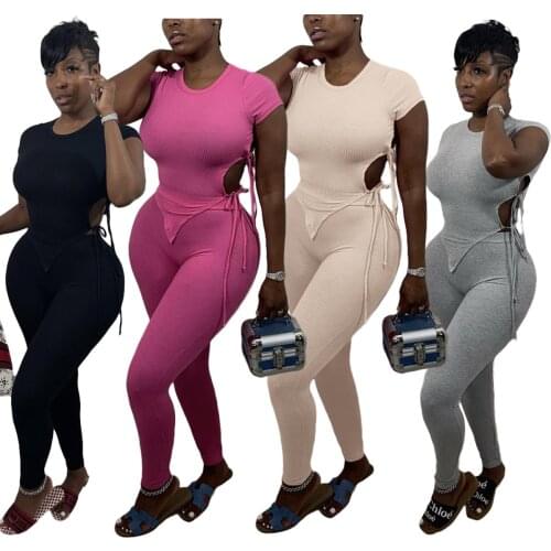 Knitted Rib Pants Suits Women Summer Casual O Neck Sleeveless Side Lace Up Irregular Crop Top Pencil Pants Two Piece Set Outfits