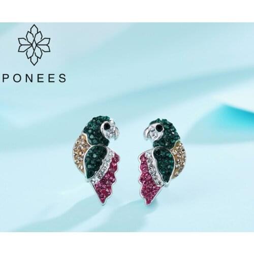 PONEES Fashion Animal Jewelry Colorful Earrings 2018 Colored Pave Crystal Parrot Bird Earrings For Women Gift