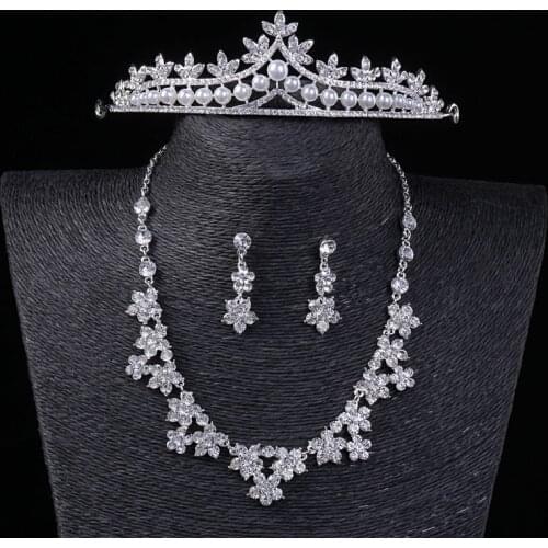 Bling Bling Cheap Bridal Jewelry Set Three Piece Crown Earring Necklace Jewelry Wedding Party Accessories For Female