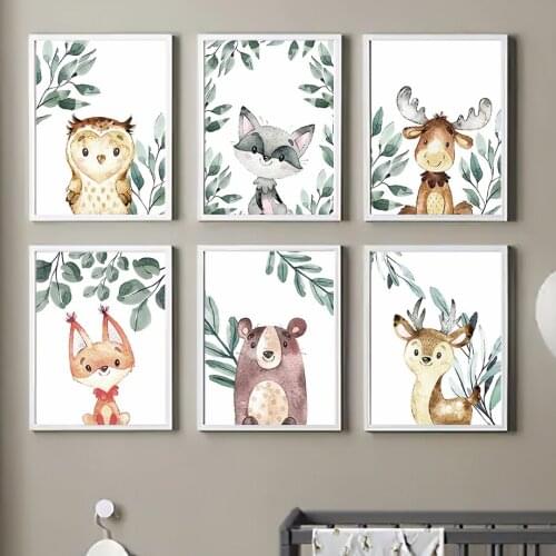 Green Leaf Owl Fox Deer Raccoon Bear Elk Wall Art Canvas Painting Nordic Posters And Prints Wall Pictures For Kids Room Decor