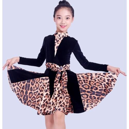 Girls Latin Dance Dress Long Sleeve Black Leopard Practice Clothes Latin Competition Dresses Kids Rumba/Tango Costume DQL1325
