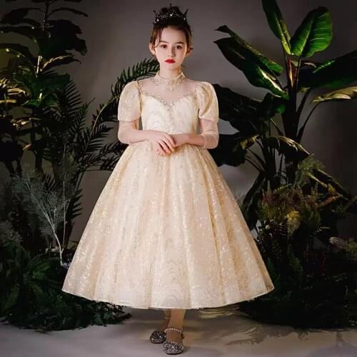 Flower Girl Dresses Illusion Half High Luxury Yellow Princess Floor-Length Tulle Lace Sequined Cute Elegant Kids Party Gown H414