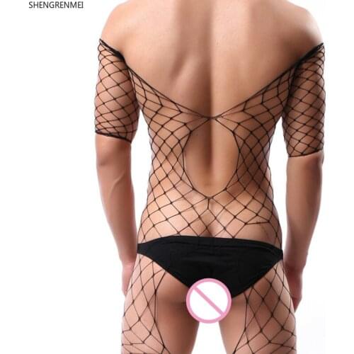 SHENGRENMEI Fun Man Mesh Sleepwear Male One Piece Lingerie Mens Sexy Underwear Gay Nightgown Open Crotch Jumpsuit Dropshipping