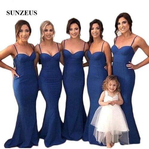 Blue Mermaid Maid of Honor Dresses 2019 Spaghetti Straps Long Bridesmaid Dresses Simple Wedding Party Gowns abito damigella