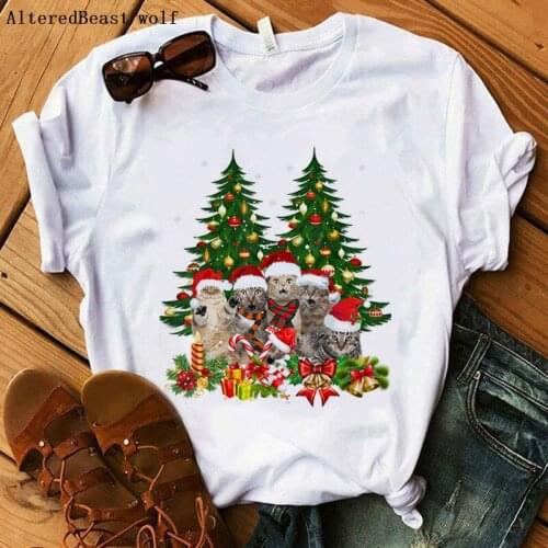 Funny Cat Christmas Tree Shirt Christmas Tree Cat Gift print T-Shirt 2019 women vogue cat tshirt short sleeve tops white clothes