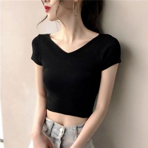 Womens Solid Short Sleeve Summer Cool V Neck Korean Style Navel Classic T-Shirt Women Women