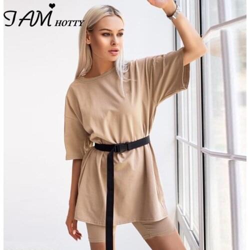 IAMHOTTY Casual Solid Basic Oversized Tshirt Shorts Tracksuit Women Tops With Belt Fitness Plus Size Two Piece Set Clothes Summe