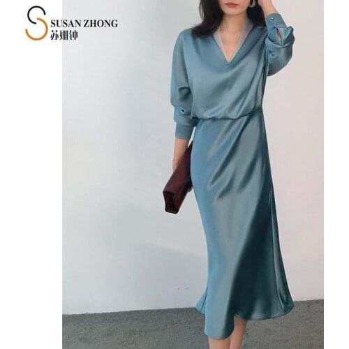 Women Dress Party Female One-Piece 2021 Spring Summer New Elegant Romantic Sexy Trumpet V-Neck Long Sleeve Lantern Gauze Button