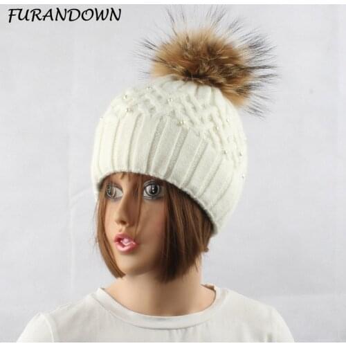 Winter Pearl Beanie Hats For Women Rabbit Fur Knitted Hats Caps 100% Real Fur Pompom Hat Skullies