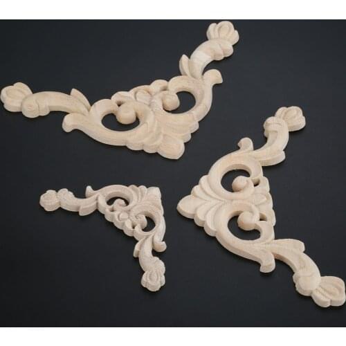 1pc 8/12/14cm Woodcarving Corner Decal Unpainted Wood Carved Decal Onlay Applique Frame Home Furniture Door Decor Craft Flower