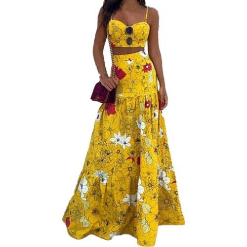 2Pcs/Set Sundress Comfortable Stylish Polyester Women Sling Dress Two-Piece Set 2021 Elegant Bohemian Beach Party Maxi Skirts