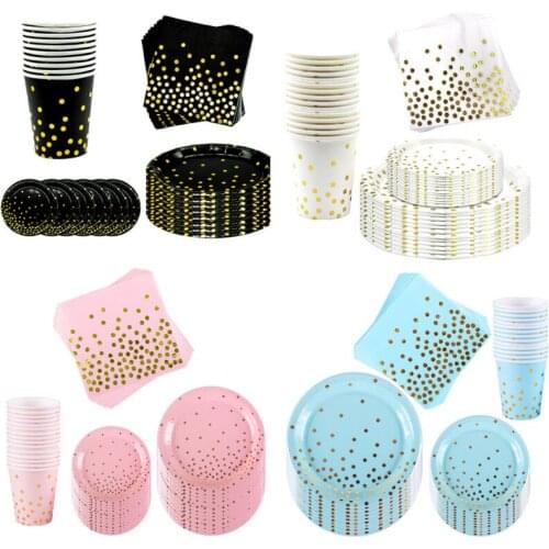 40pcs Black Gold Dot Plates Cups Napkins Disposable Tableware Happy Birthday Party Wedding Bronzing Dot Party Favors Supplies